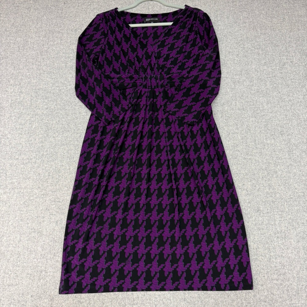 Jones New York Dress Siz 10Purple Black Houndstooth Faux Wrap V-Neck 3/4 Sleeves